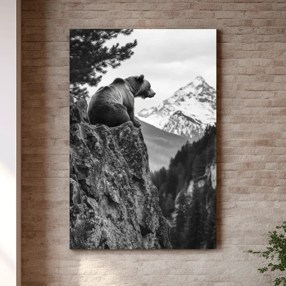 Grizzly bear taking in a mountain view, photographic wildlife wall art
