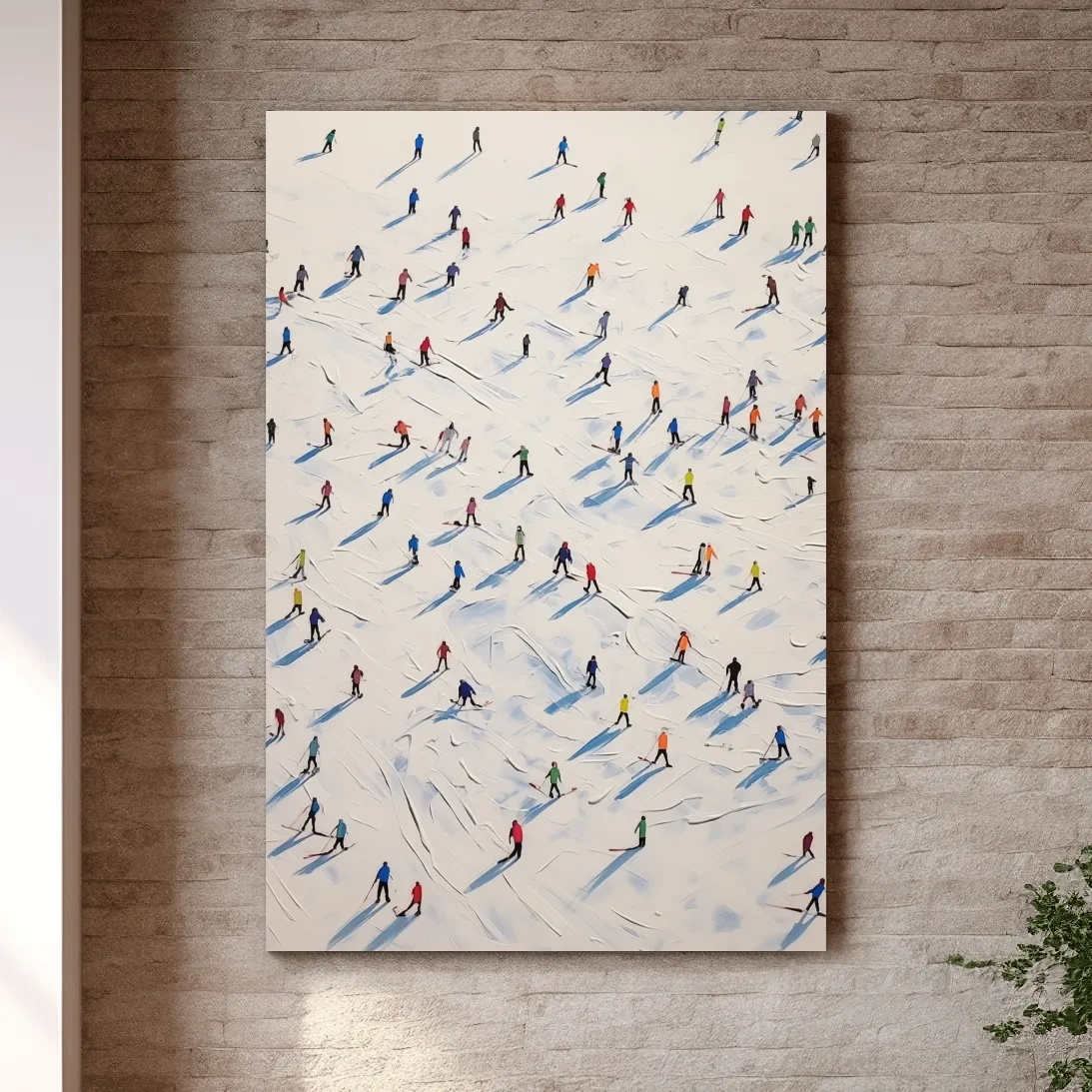 Lots of little skiers in a ski resort, textured painting effect