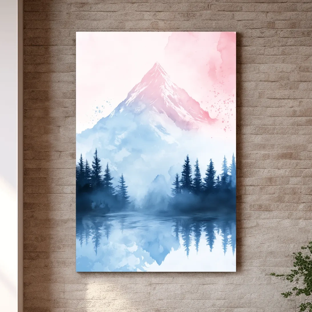 Pastel mountain watercolor painting, foggy forest by an alpine lake