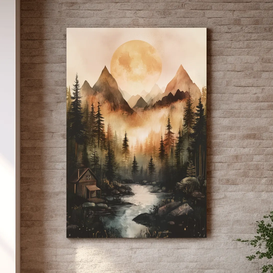 Alpine lake cabin painting, rustic watercolor effect, forest and mountains