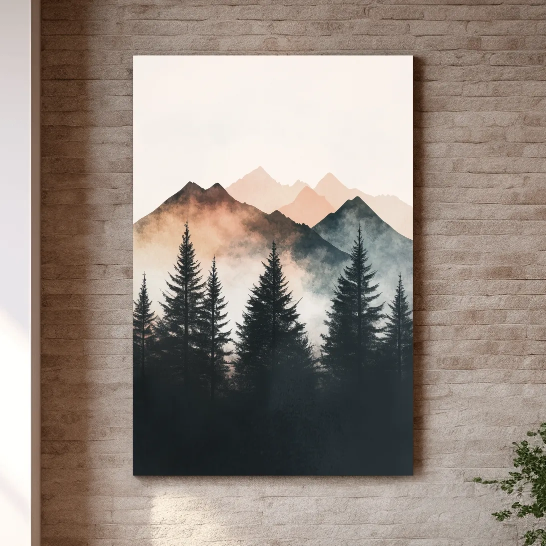 Foggy alpine forest watercolor painting, mountain art
