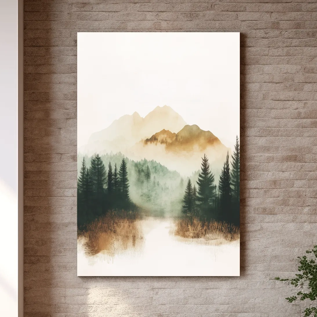 Foggy alpine forest painting, minimal watercolor wall art