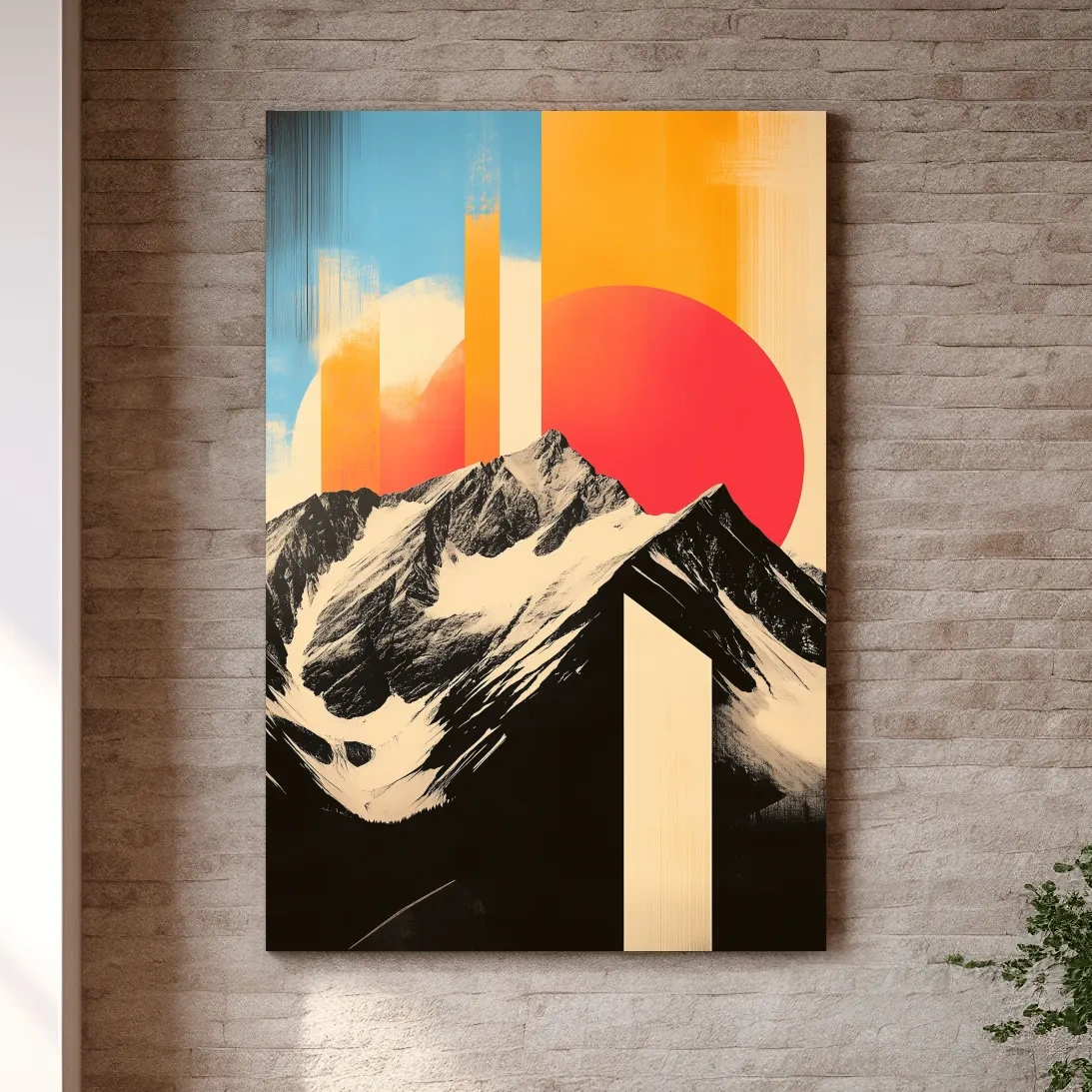 Retro Snowcapped Mountain Sunset Collage - Modern Geometric Landscape Wall Art