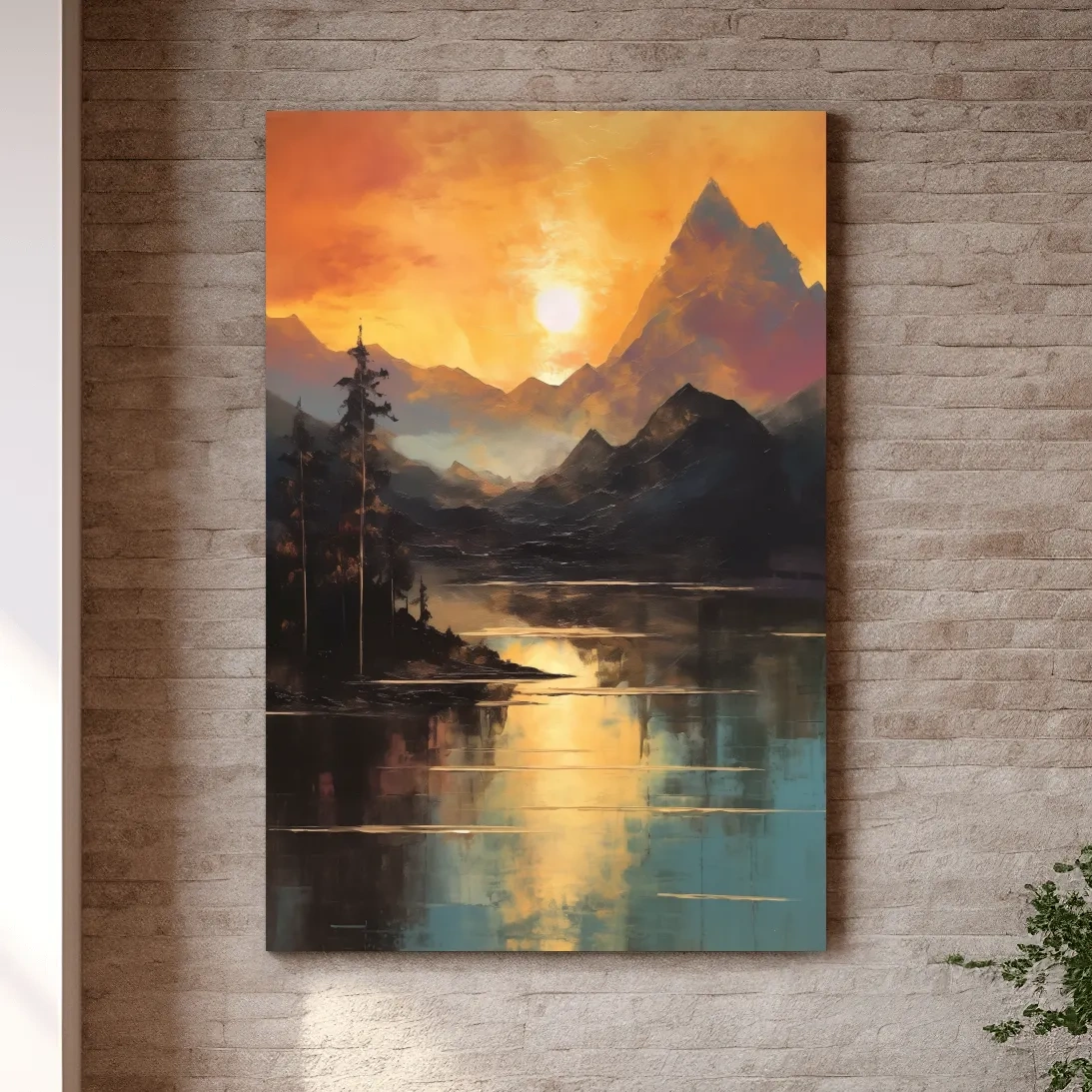 Golden Sunset Alpine Lake Reflection - Mountain Oil Painting Wall Art