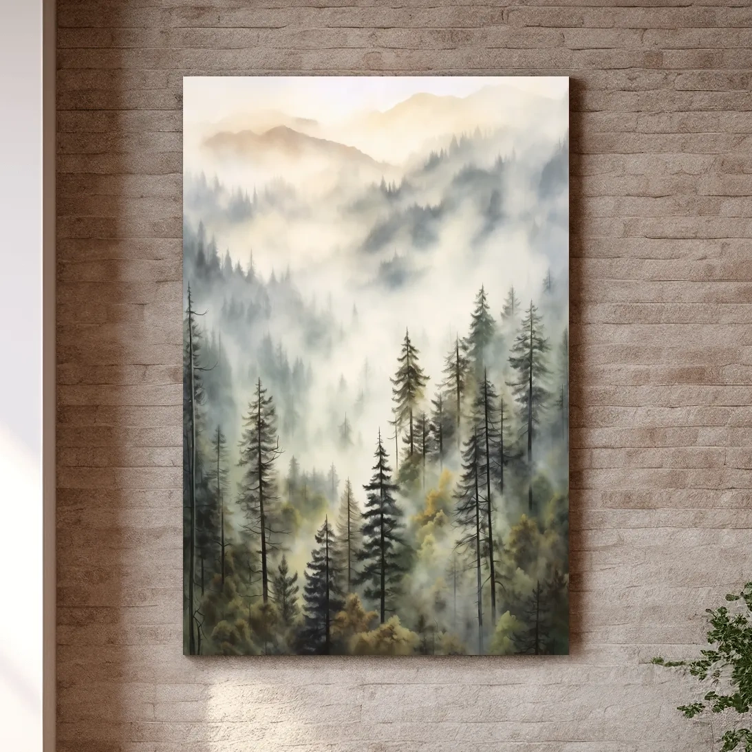 Painting of fog rolling through mountains and trees