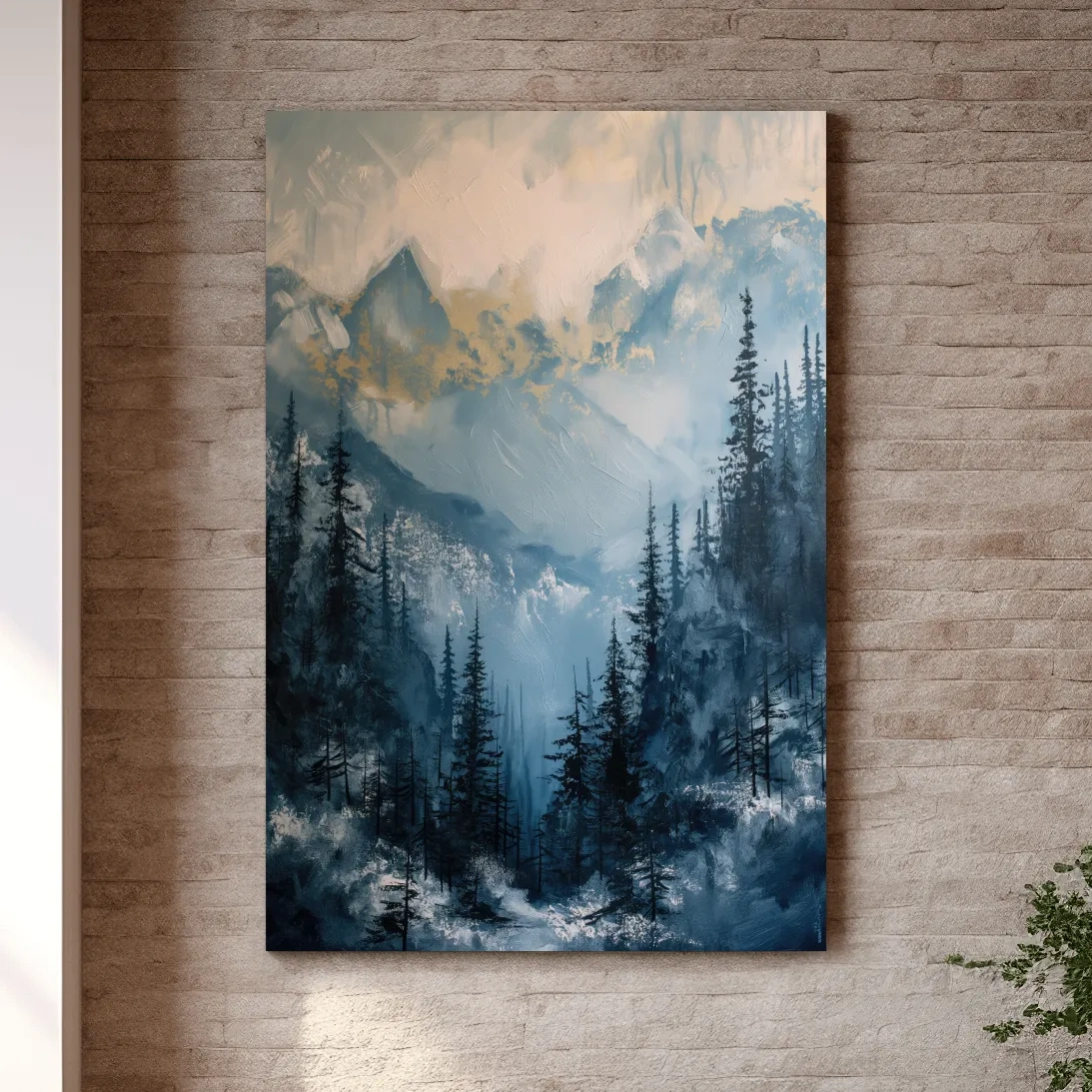 Moody Misty Blue Mountain Forest Painting - Alpine Landscape Wall Art