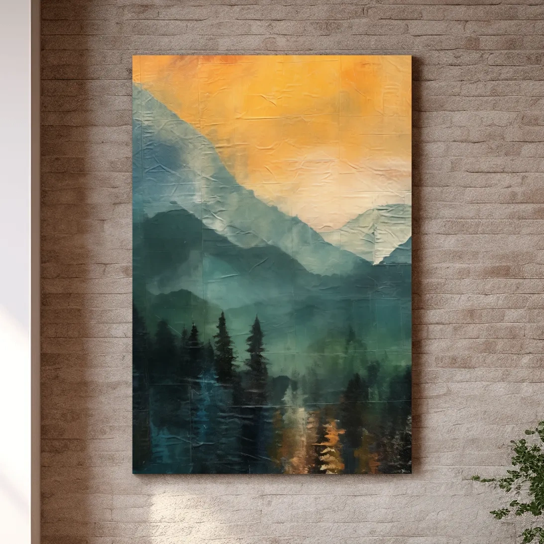 Rustic Misty Mountain Lake Reflection - Textured Watercolor Sunset Wall Art