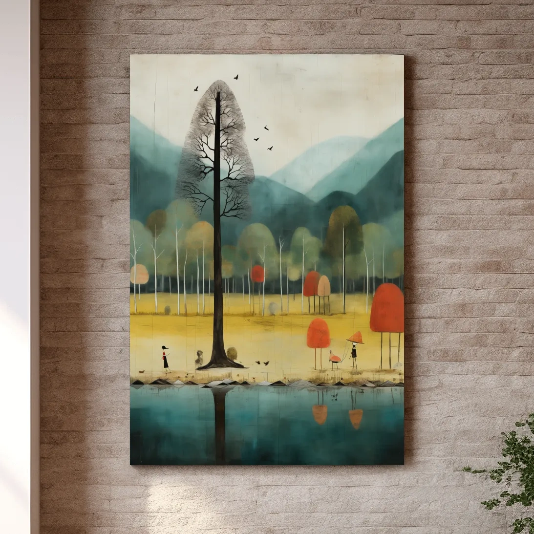 Whimsical Autumn Forest Lake Landscape - Quirky Nature Wall Art