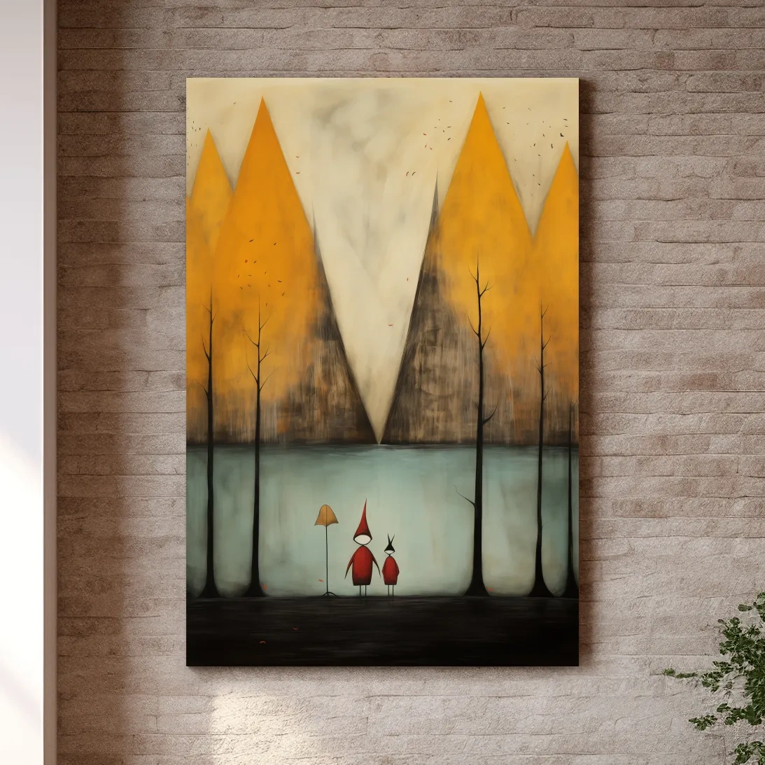 Quirky painting of people by a lakeside mountain scene in fall, whimsical forest scene artwork