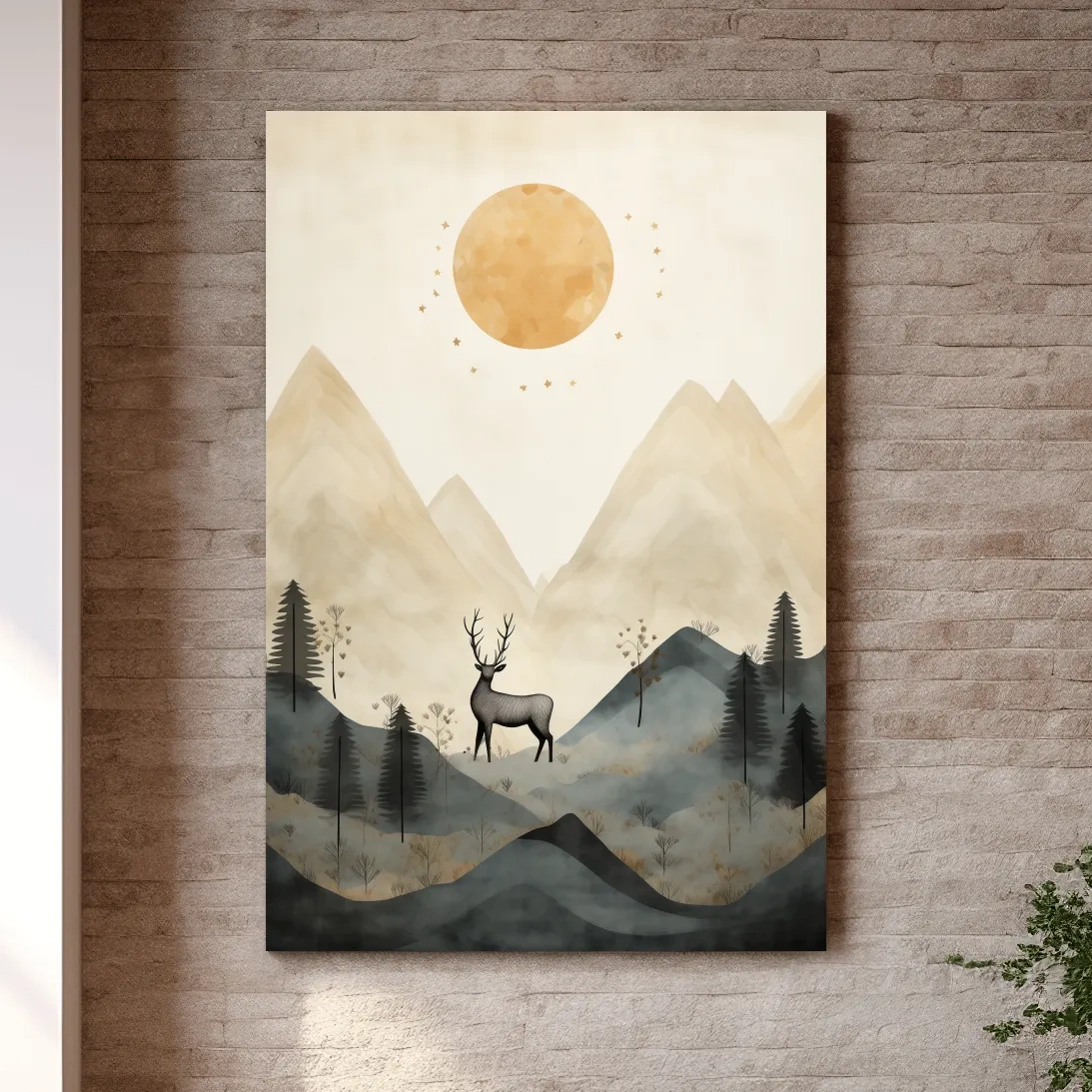 Boho Deer In Misty Mountains - Woodland Landscape Wall Art