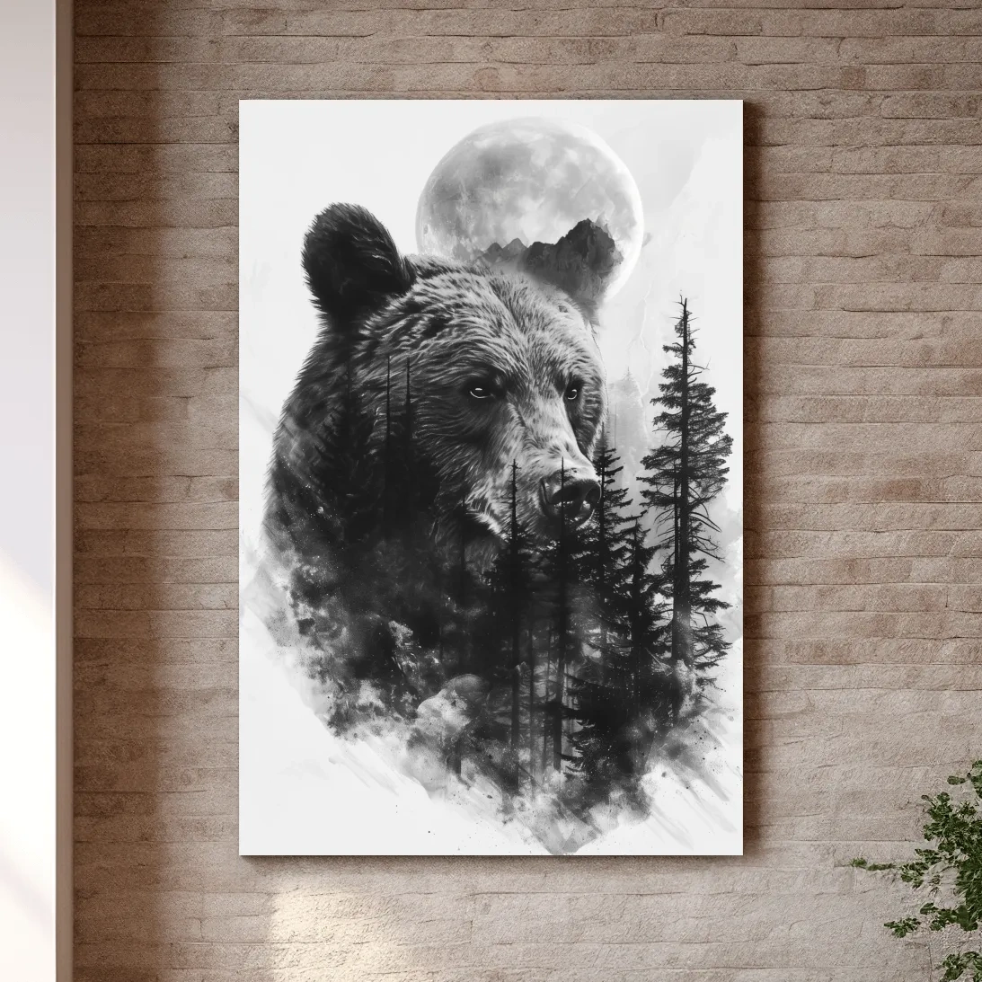 Grizzly Bear Moon Forest Drawing - Black And White Double Exposure Wildlife Wall Art