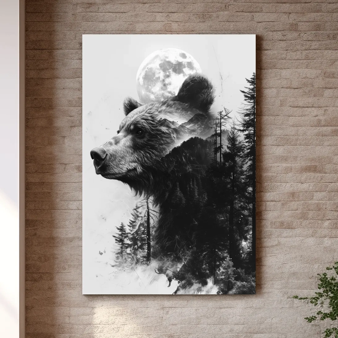 Grizzly Bear Double Exposure Drawing - Moonlit Pine Forest Wildlife Wall Art