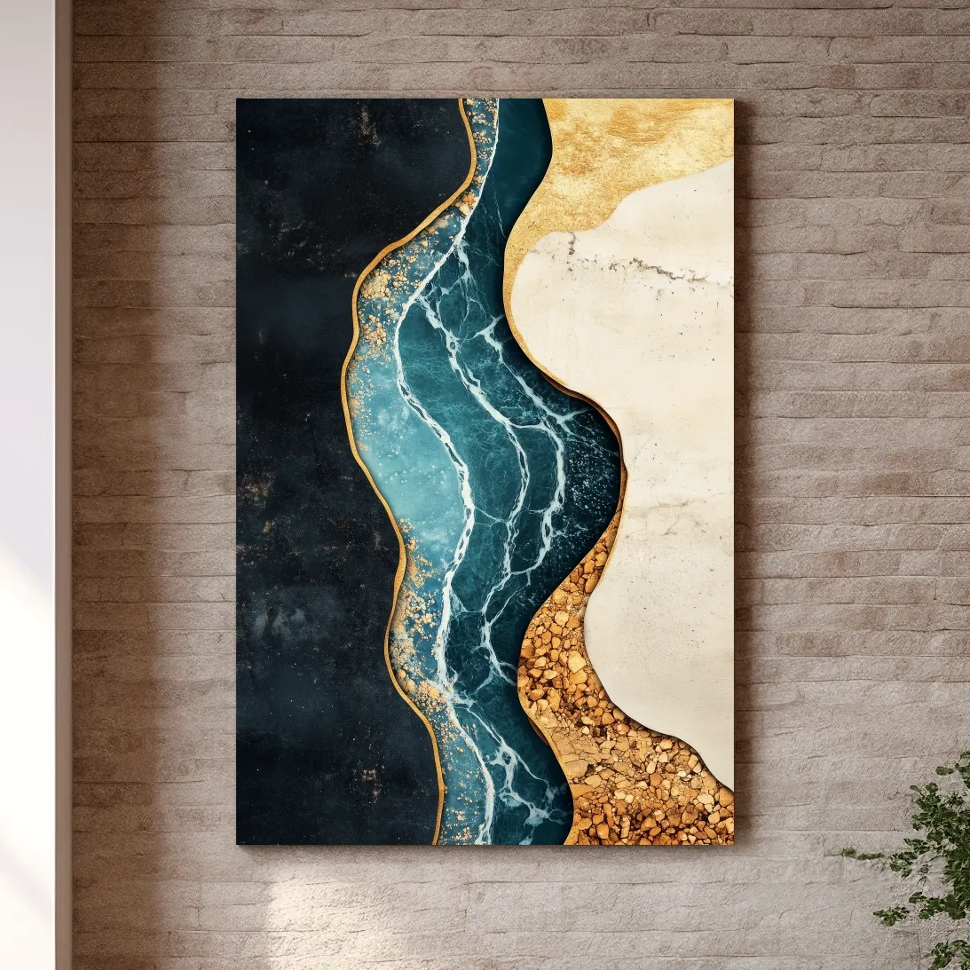 Fluid elegant artwork, blue marble river flowing through textured earth tones
