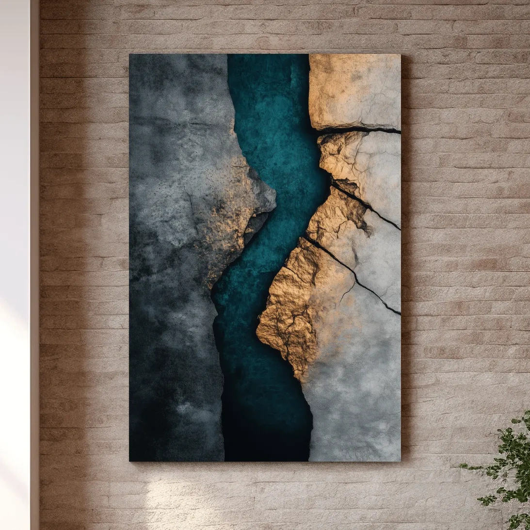 Cracked stone and turquoise abstract wall art, natural geological textured artwork