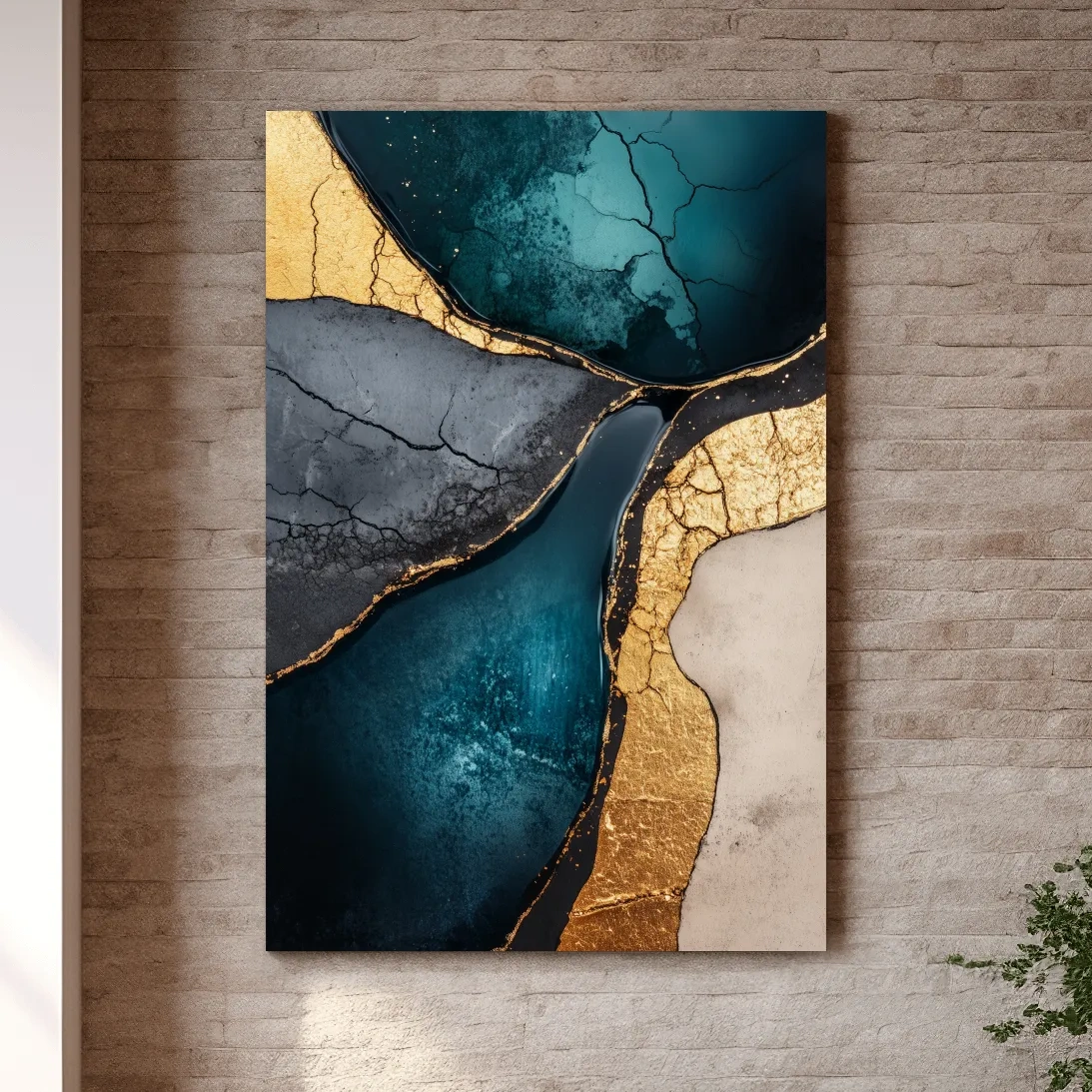 Elegant wall art, gold and teal cracked natural texture elements