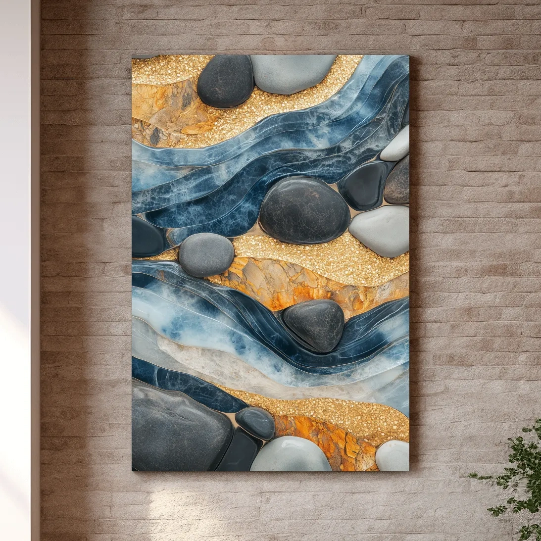 Natural stone and river rock wall artwork, abstract layered design