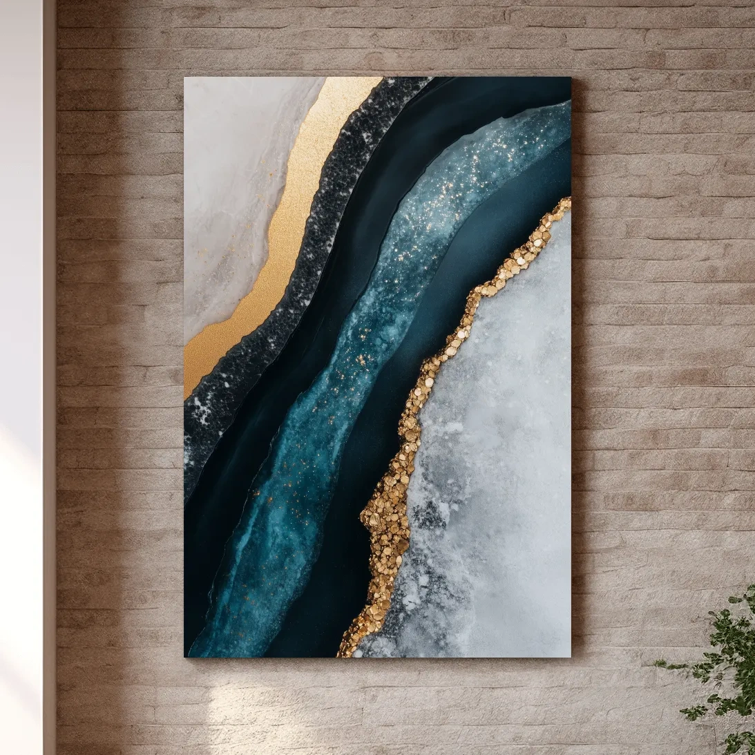 Elegant abstract geode artwork, blue and gold natural textured wall art