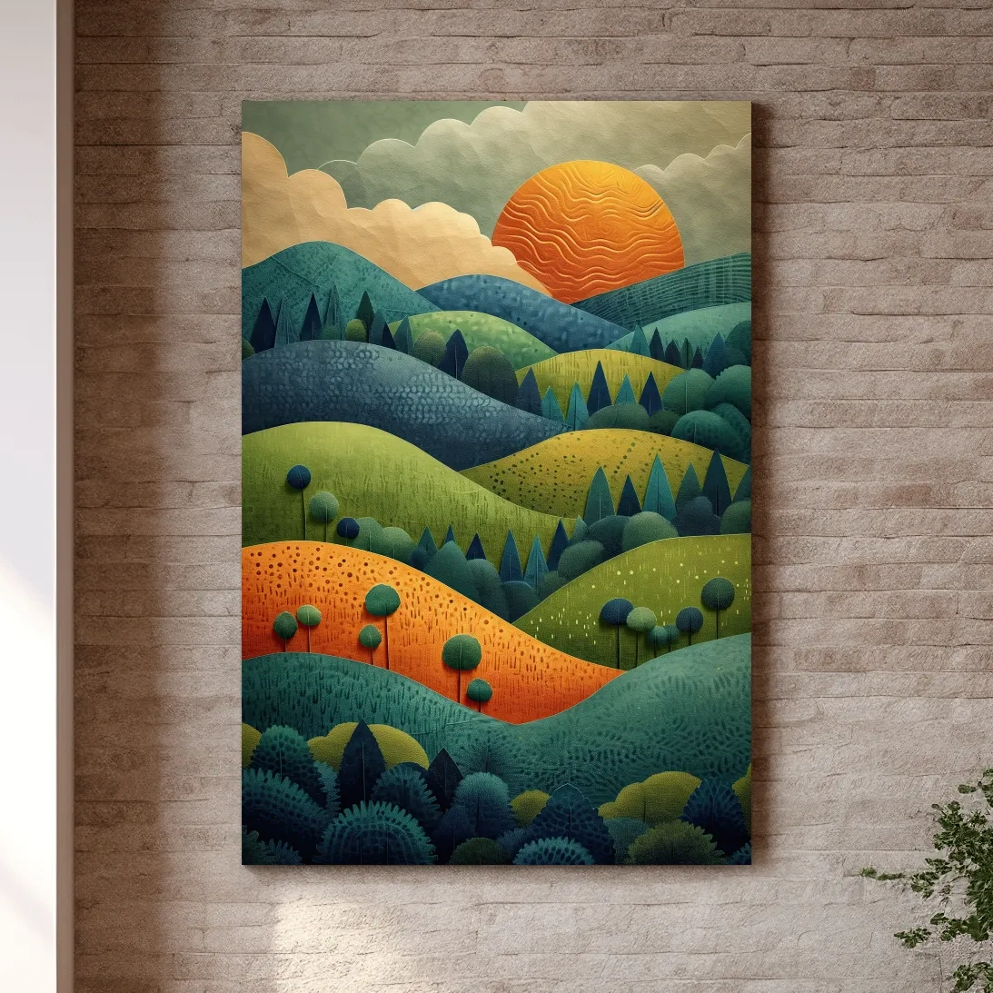 Rolling hills and trees at sunset mountain artwork, 3d layered paper cutout effect
