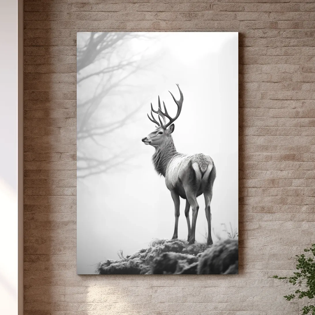 Black and white photograph of a majestic deer on a winter morning, serene wildlife artwork