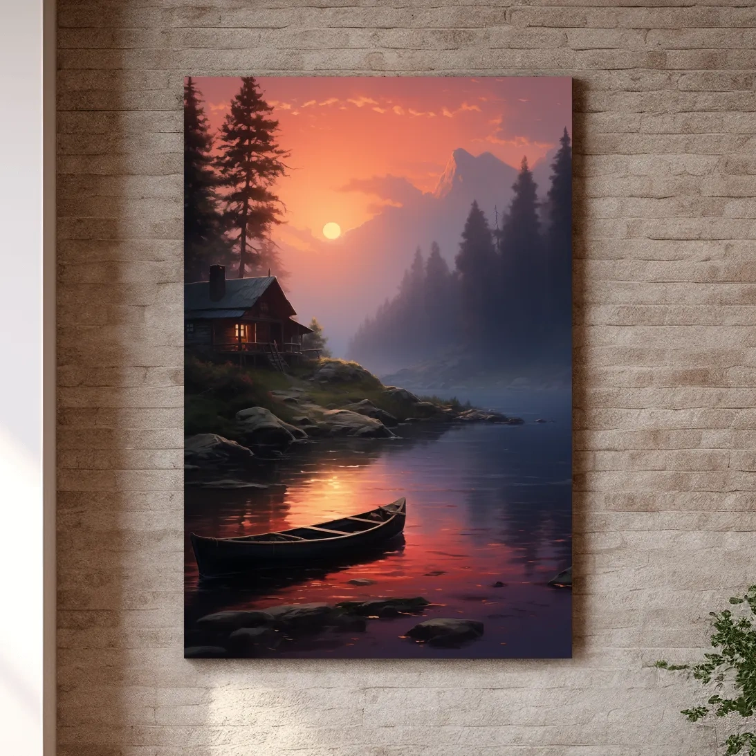 Beautiful painting of a cabin on a misty lake at sunset