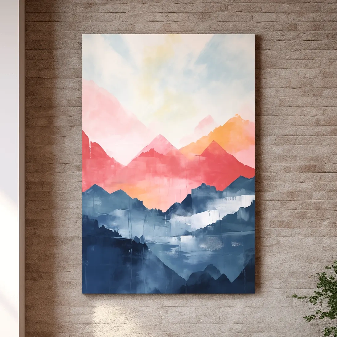 Colorful abstract mountain wall art, vibrant watercolor style painting