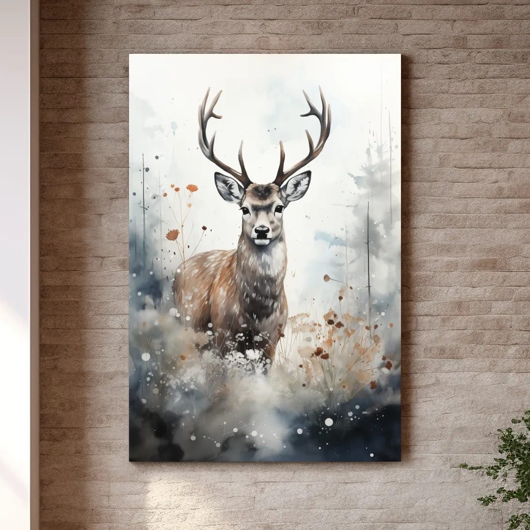 Rough textured watercolour painting of a deer buck standing in the forest