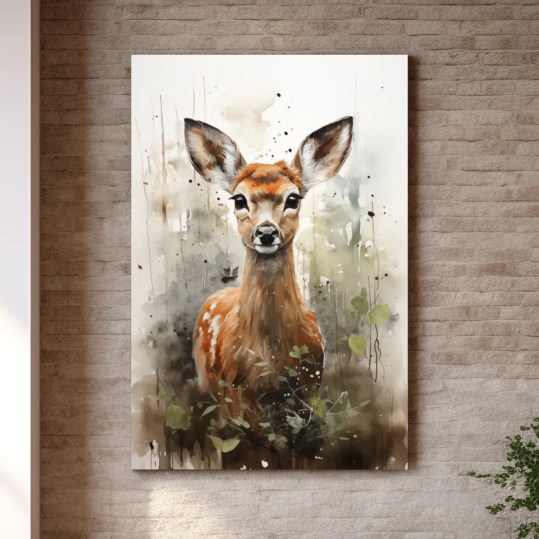 Watercolor fawn wall art, delicate forest setting artwork