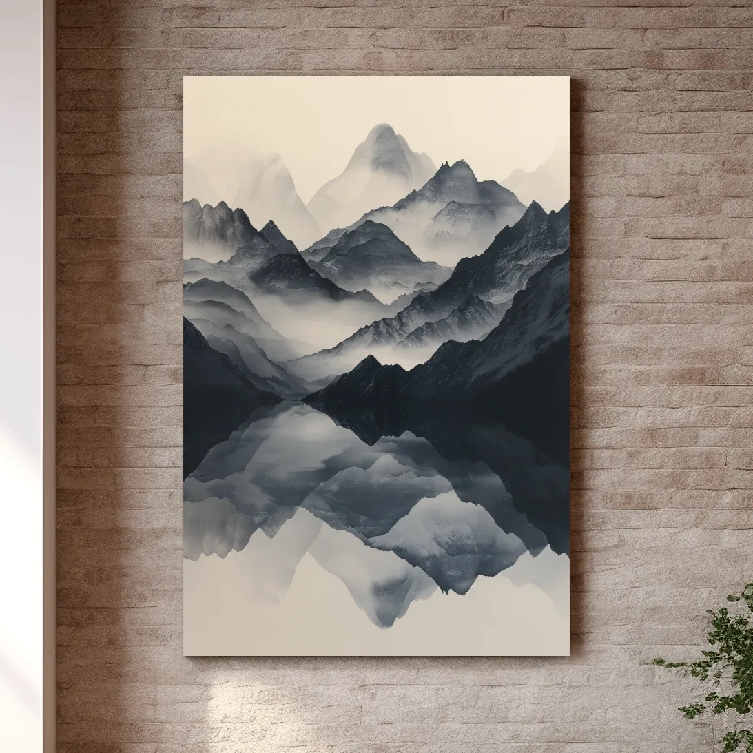 Japandi style mountain artwork, reflective mountain ranges