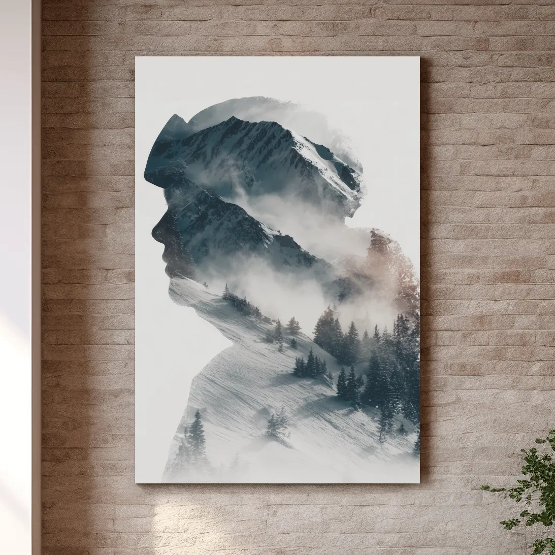 Mountain and skier double exposure wall artwork, blending snow-capped peaks and alpine trees