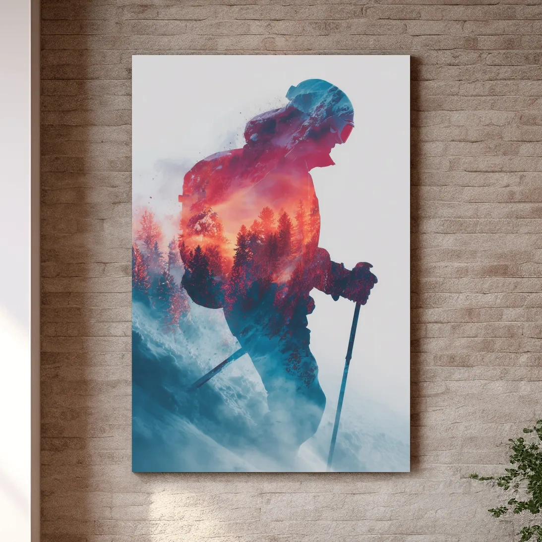 Skiing photography wall artwork, vibrant double exposure sunset and forest scene