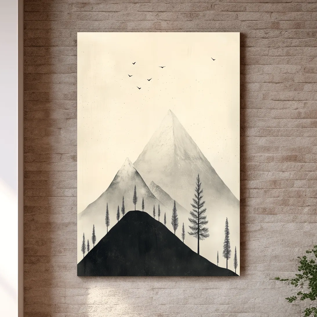 Minimalist Misty Mountain Peaks With Pine Trees - Monochrome Scandinavian Landscape Artwork