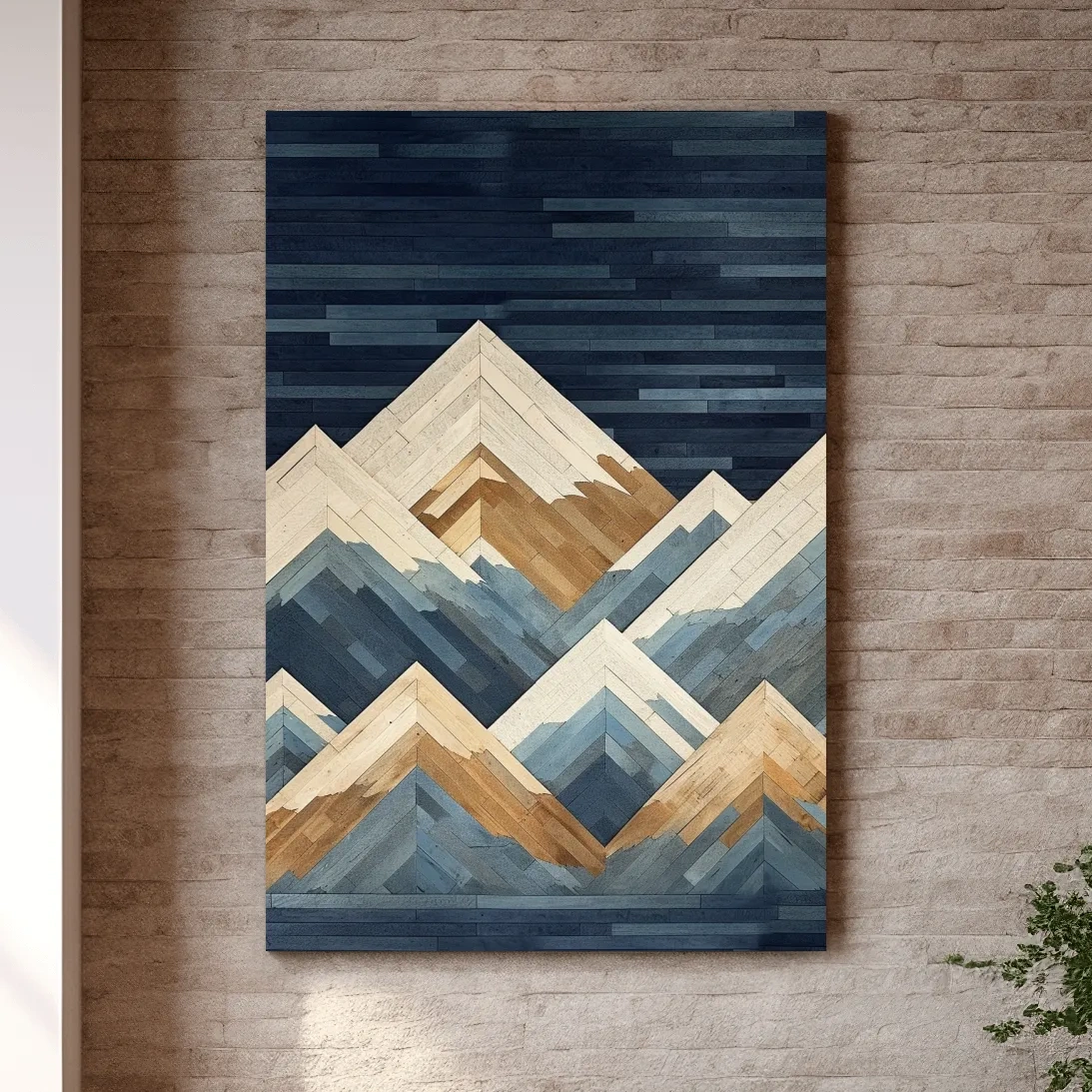 Geometric Layered Mountain Peaks - Wood Texture Landscape Wall Art