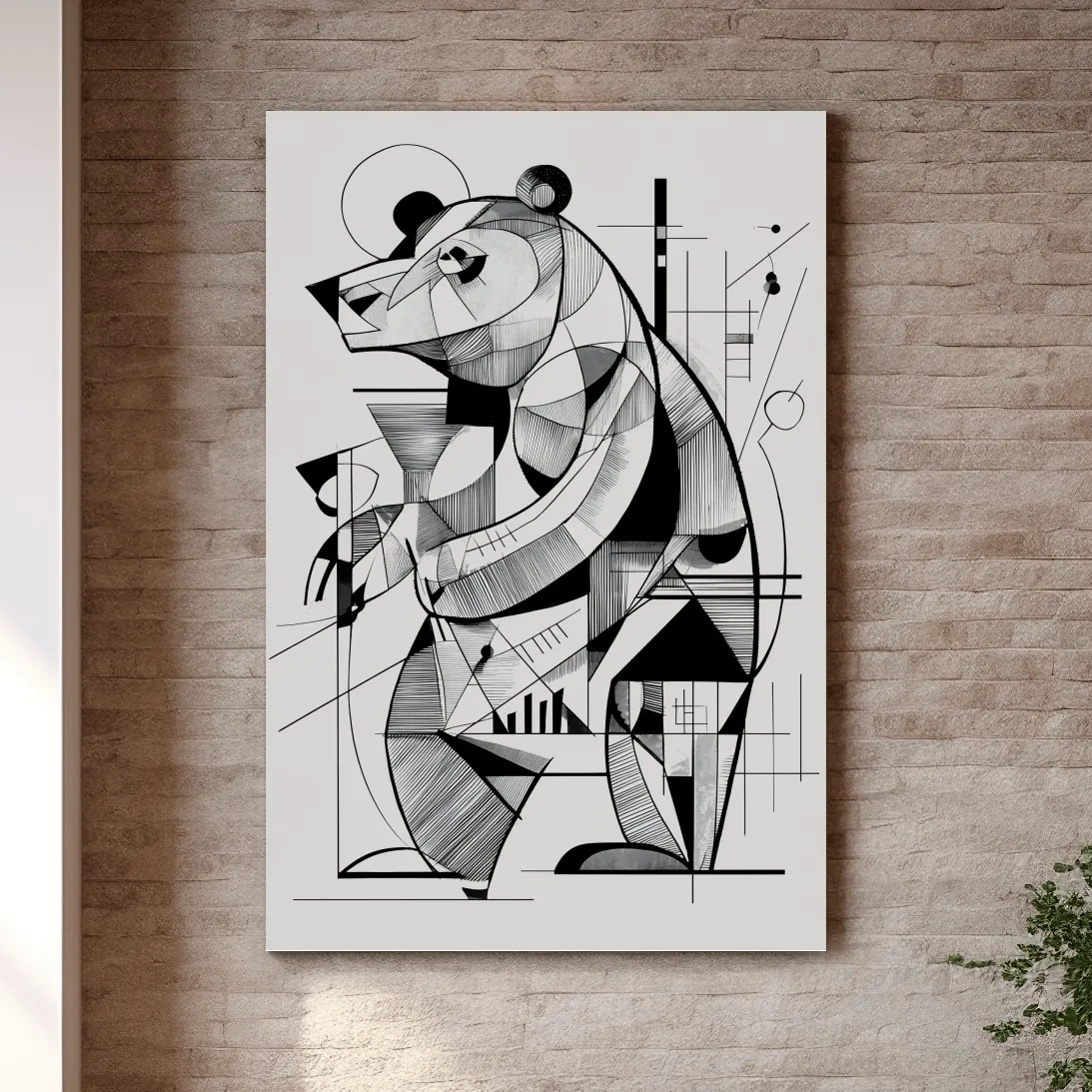 Cubism Abstract Bear Artwork - Modern Black And White Wildlife Wall Art