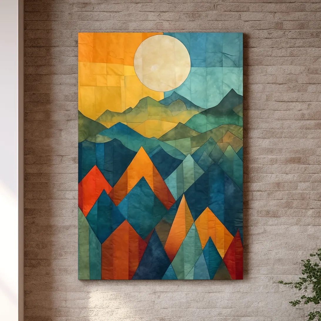 Geometric Patchwork Sunlit Mountain Range Painting - Colorful Abstract Alpine Wall Art