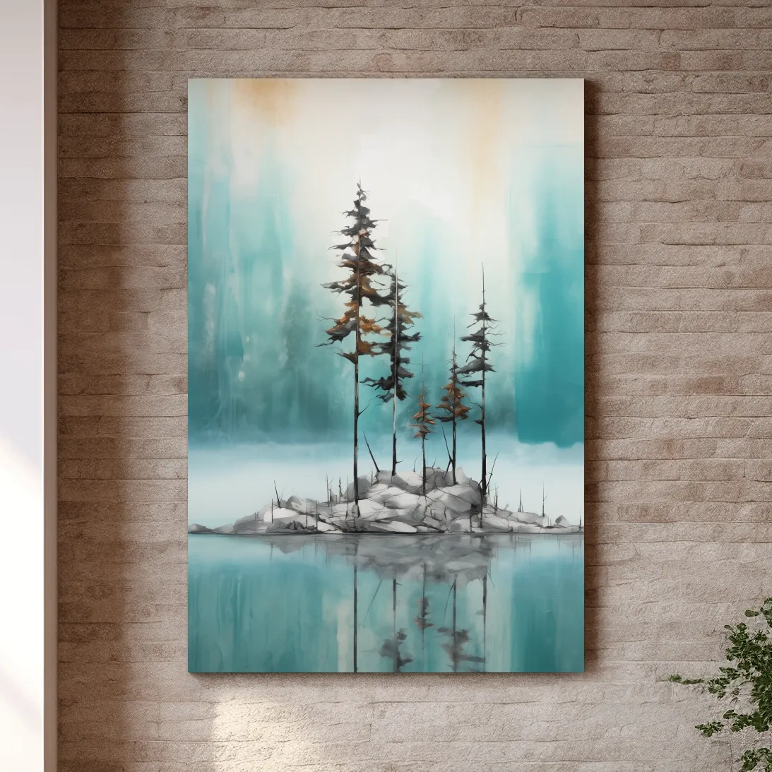 Misty Pine Trees Reflection - Watercolor Turquoise Alpine Lake Wall Art