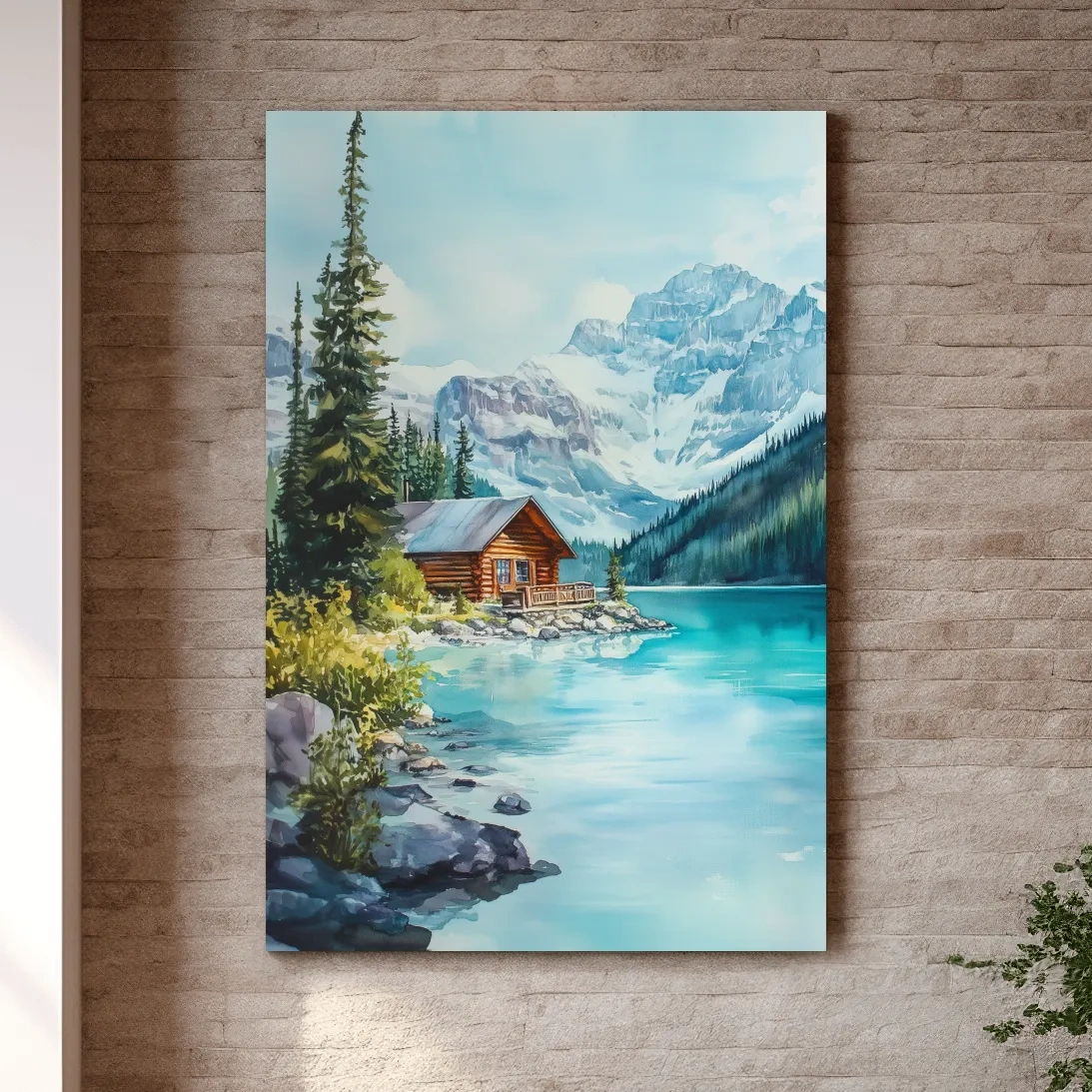 Turquoise Alpine Lake Cabin Watercolor - Serene Snowy Mountain Wall Art