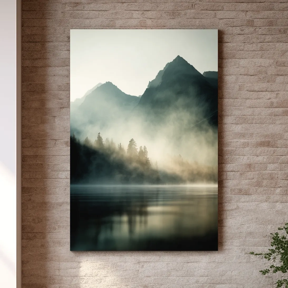 Moody Misty Mountain Lake Landscape - Serene Foggy Pine Forest Wall Art