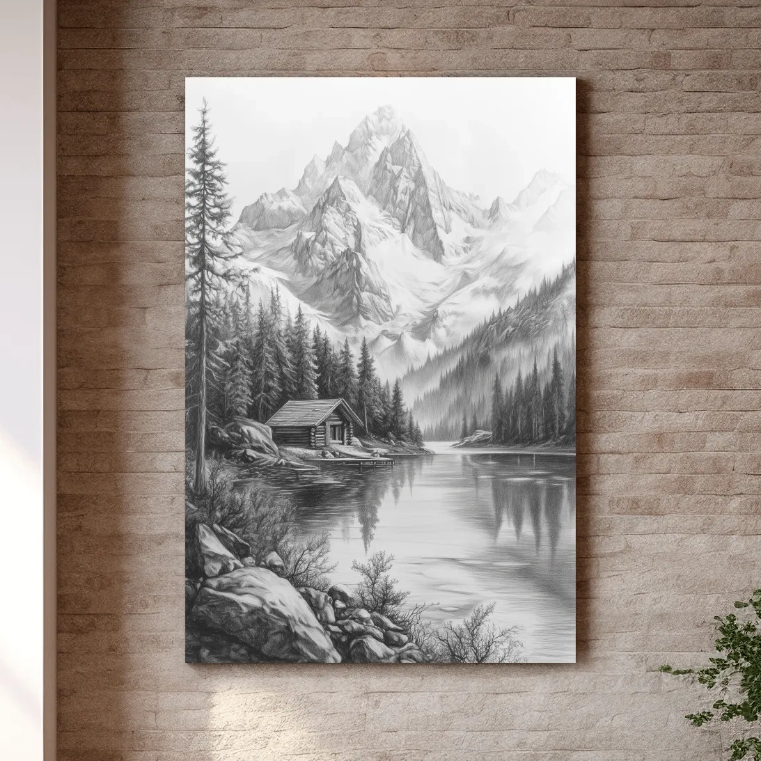 Monochrome Alpine Lake Cabin Sketch Art - Mountain Drawing Wall Art