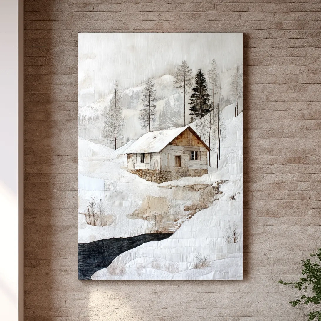 Snowy Mountain Cabin Textured Painting - Winter Landscape Wall Art