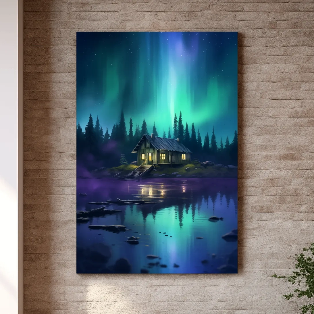 Vibrant Northern Lights Cabin Lake Painting - Aurora Borealis Night Wall Art