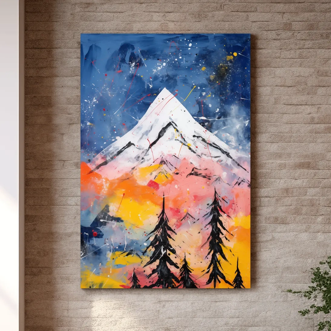 Vibrant Abstract Mountain Peak Sunset Painting - Colorful Acrylic Splash Forest Wall Art