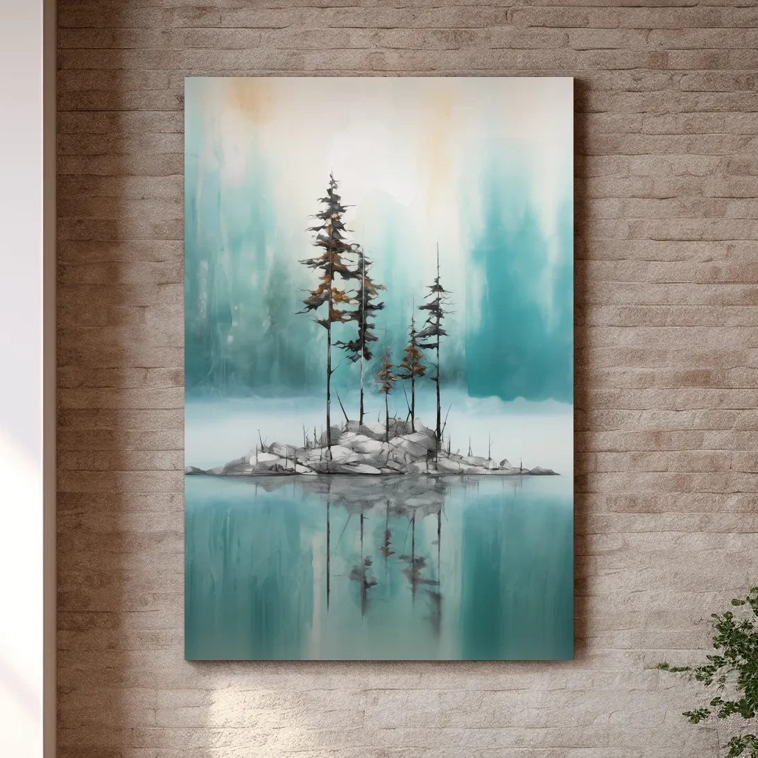 Misty Pine Trees Reflection - Watercolor Turquoise Alpine Lake Wall Art