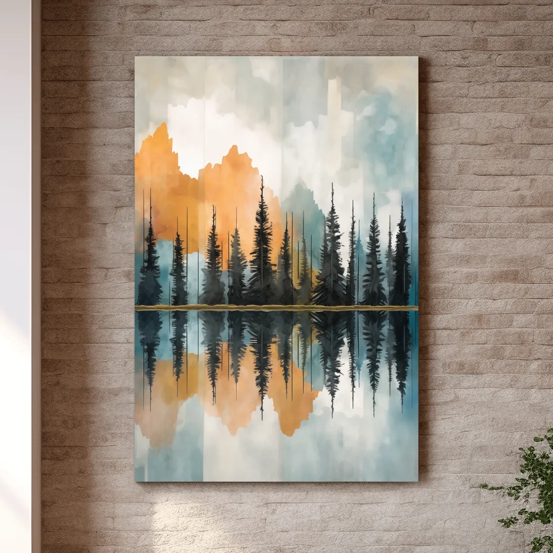 Abstract Watercolor Mountain Lake Reflection - Alpine Forest Landscape Artwork