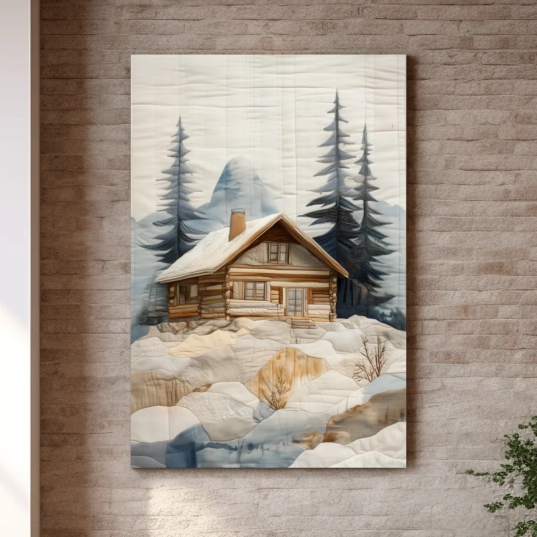 Rustic Winter Cabin In Snowy Pines - Textured Patchwork Fabric Effect Wall Art