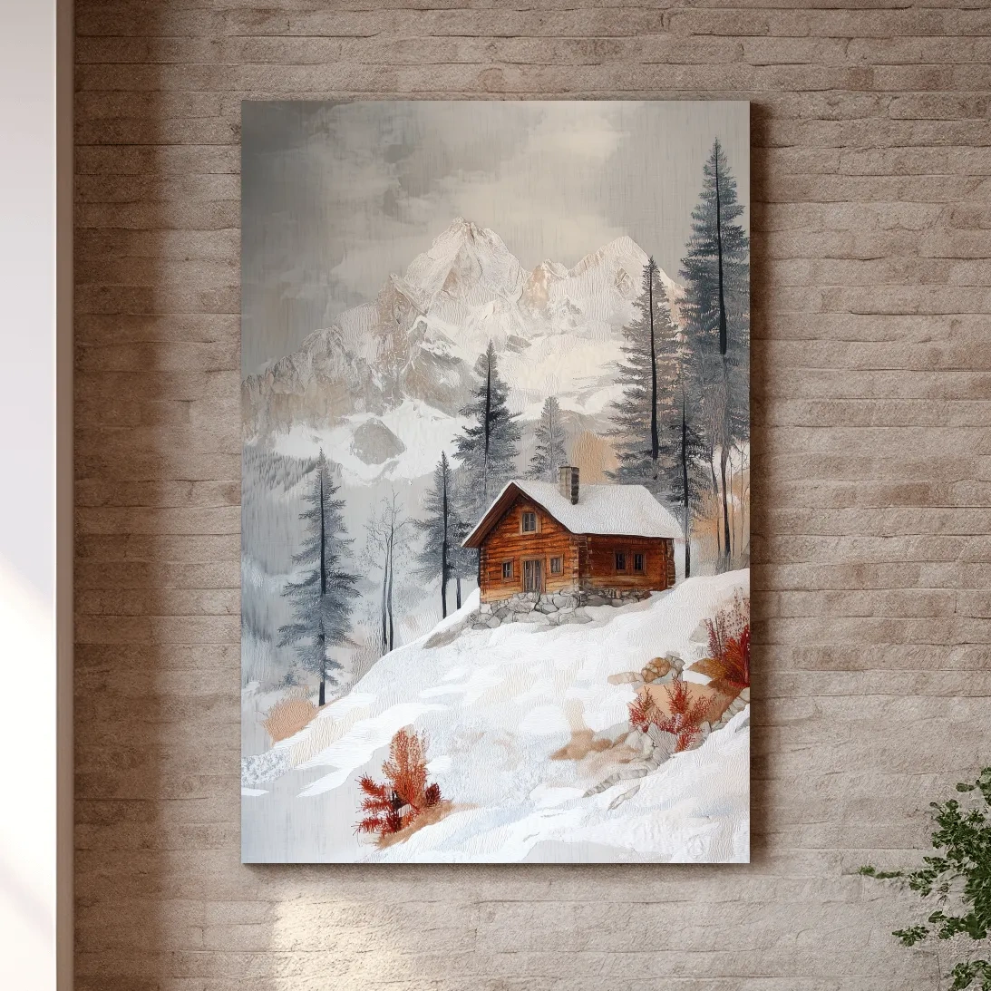 Snowy Mountain Cabin Landscape Painting - Rustic Winter Wilderness Wall Art