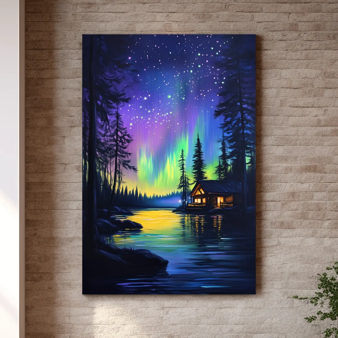 Vibrant Northern Lights Lakeside Cabin Painting - Aurora Borealis Night Landscape Wall Art