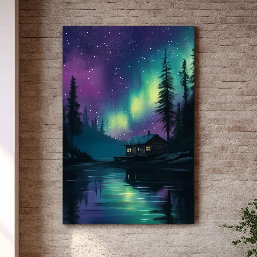 Aurora Borealis Lake Cabin Painting - Northern Lights Wall Art