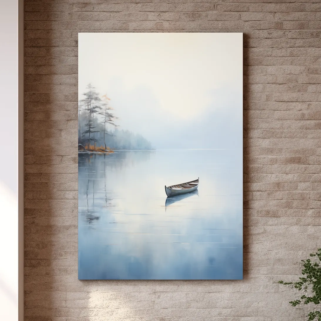 Misty Lake Canoe Reflection Painting - Serene Minimalist Waterscape Wall Art