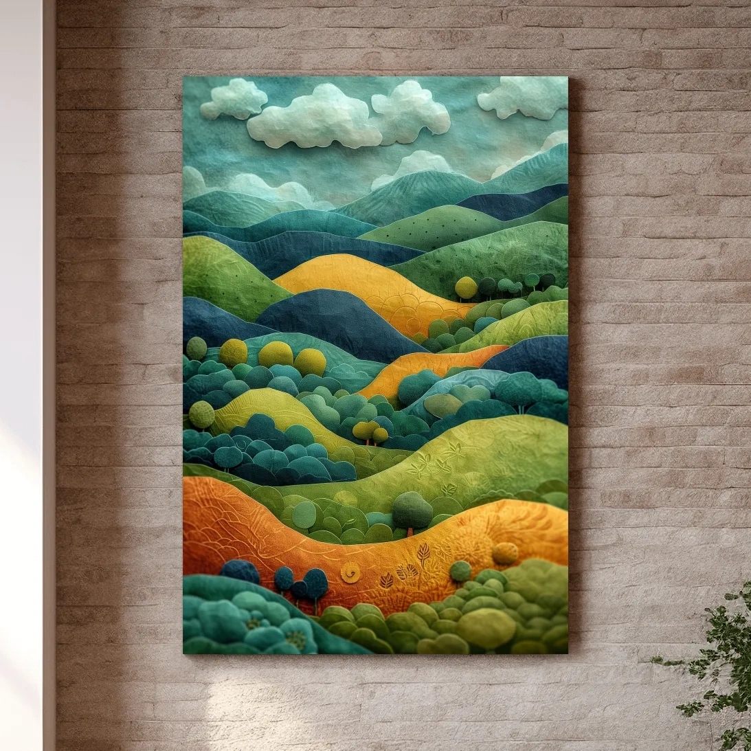 3D Layered Paper Cut Style Mountain Artwork - Whimsical Surreal Landscape Wall Art
