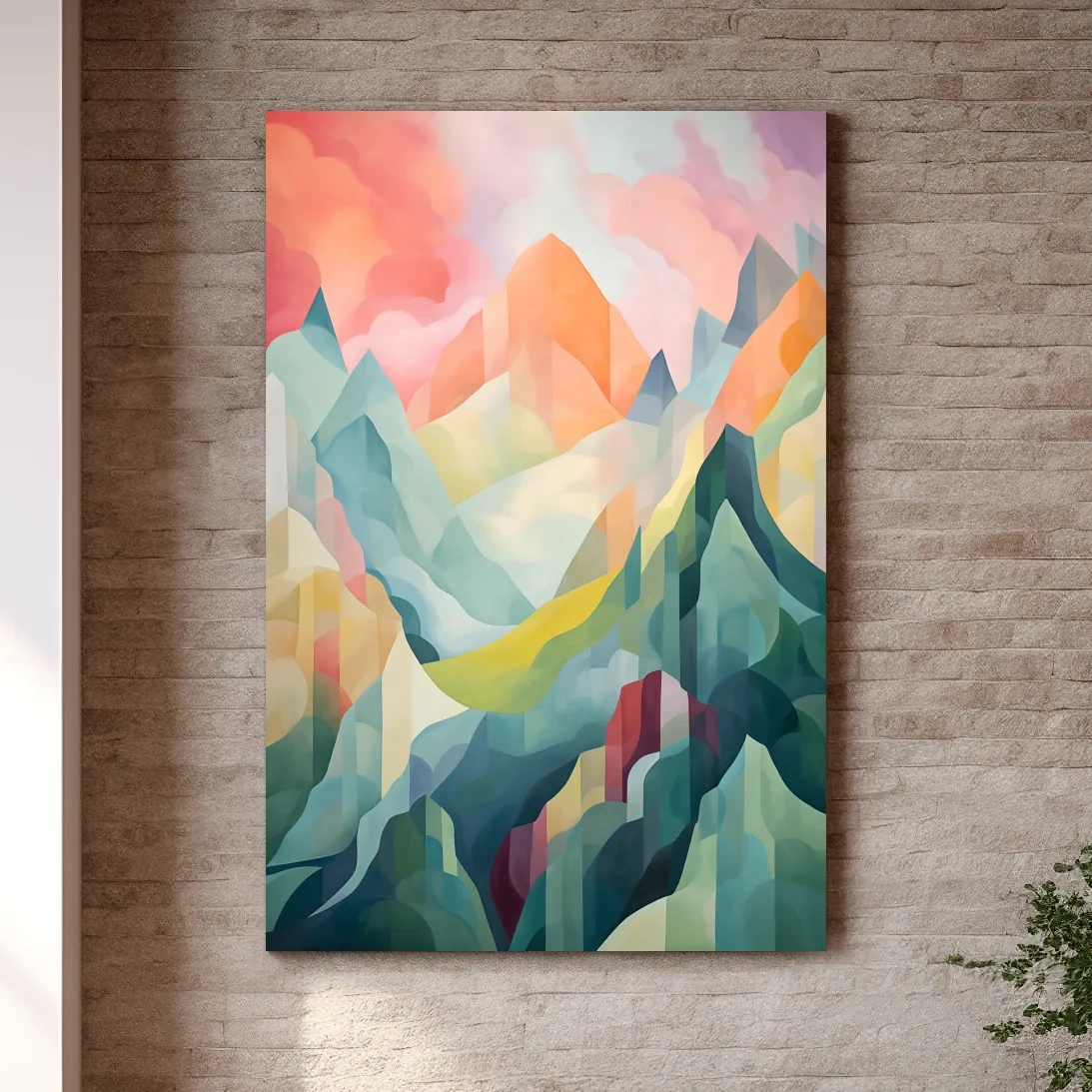 Vibrant Abstract Pastel Mountain Sunset - Geometric Watercolor Style Wall Art